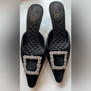 S.E. Black velvet pearls & rhinestone mule with kitty heels